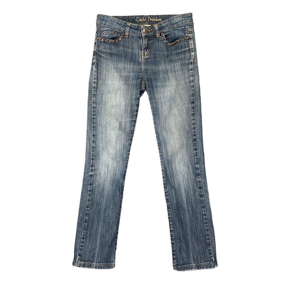 Cache Premium Studded Jean Womens 4 Blue Skinny Denim 5 Pocket Mid Rise Ankle